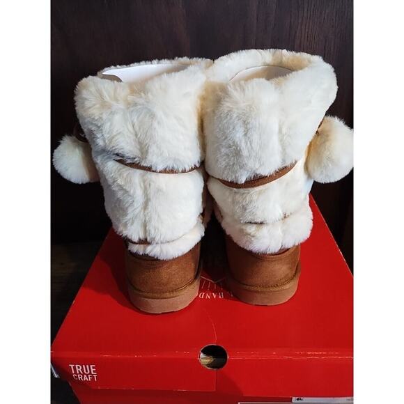 Pull On Snow Boots Chestnut Brown Size 5 Youth Girls Fur trim Vegan Pom Poms - Picture 3 of 7